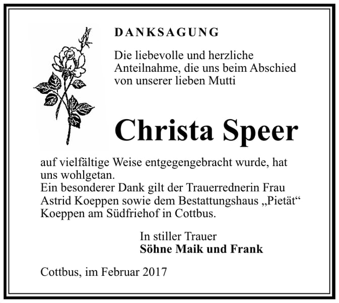 Danksagung Christa Speer