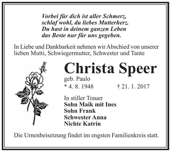 Traueranzeige Christa Speer, geb. Paulo