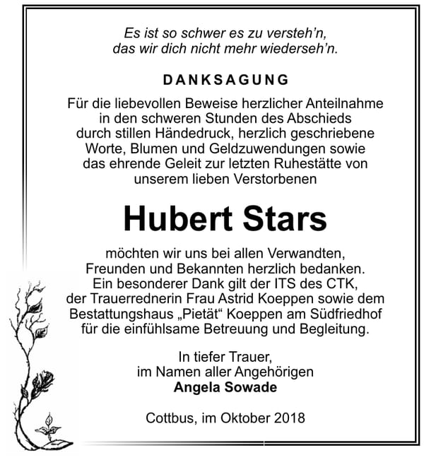 Danksagung Hubert Stars