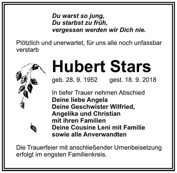 Traueranzeige Hubert Stars