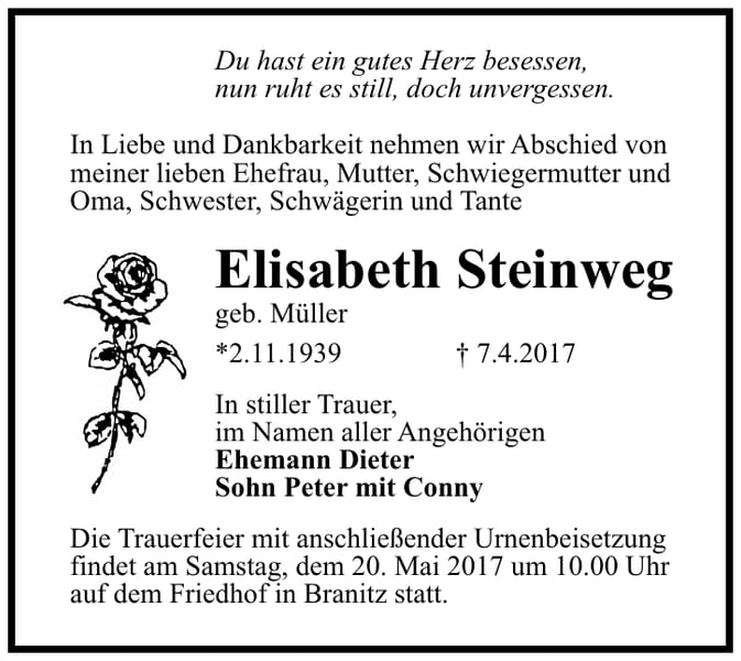 Traueranzeige Elisabeth Steinweg, geb. Müller