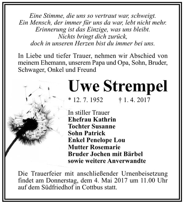 Traueranzeige Uwe Strempel