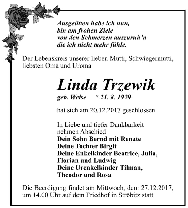 Traueranzeige Linda Trzewik, geb. Weise
