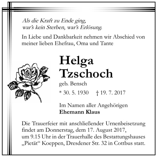 Traueranzeige Helga Tzschoch, geb. Bensch