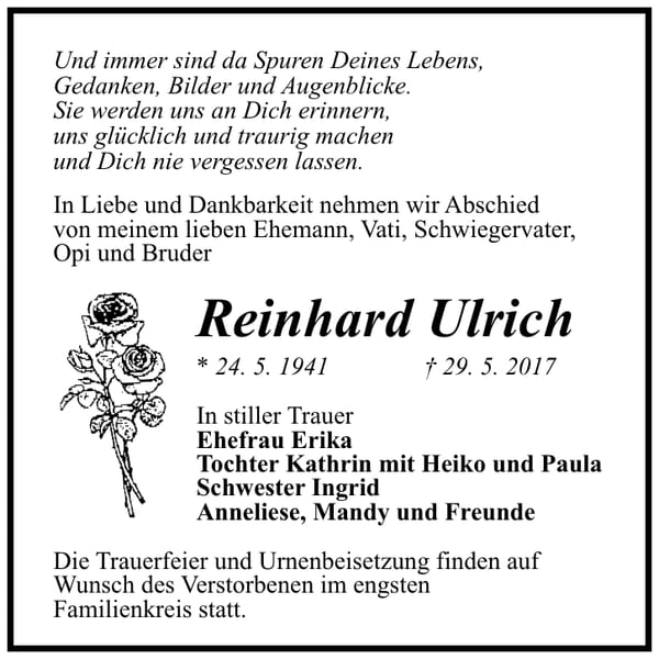 Traueranzeige Reinhard Ulrich
