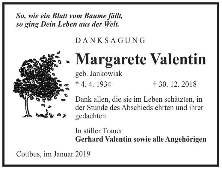 Traueranzeige Margarete Valentin, geb. Jankowiak