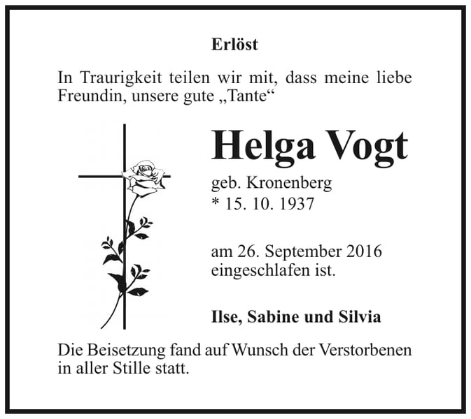 Traueranzeige Helga Vogt, geb. Kronenberg