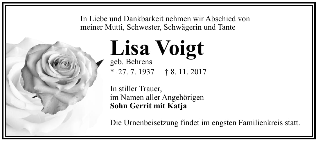 Traueranzeige Lisa Voigt, geb. Behrens