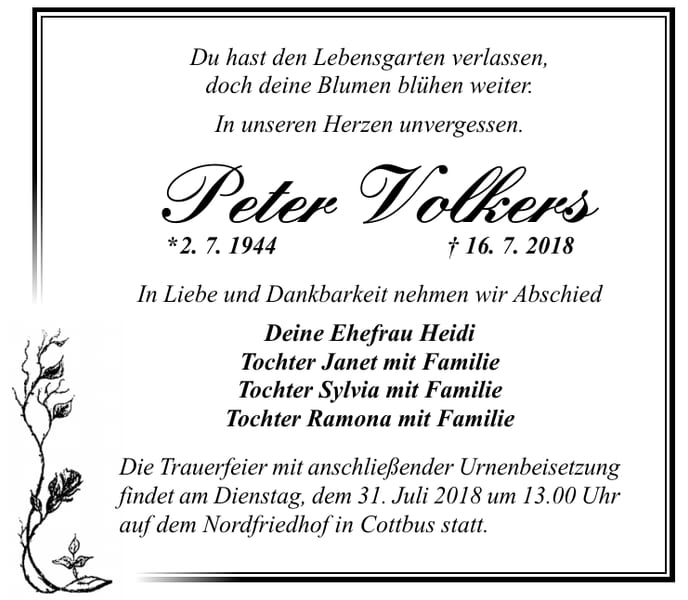 Traueranzeige Peter Volkers