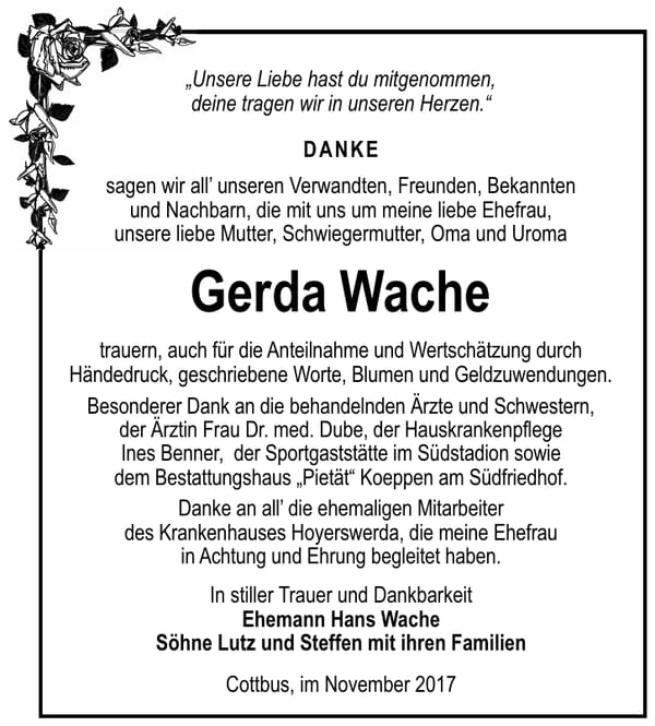 Danksagung Gerda Wache