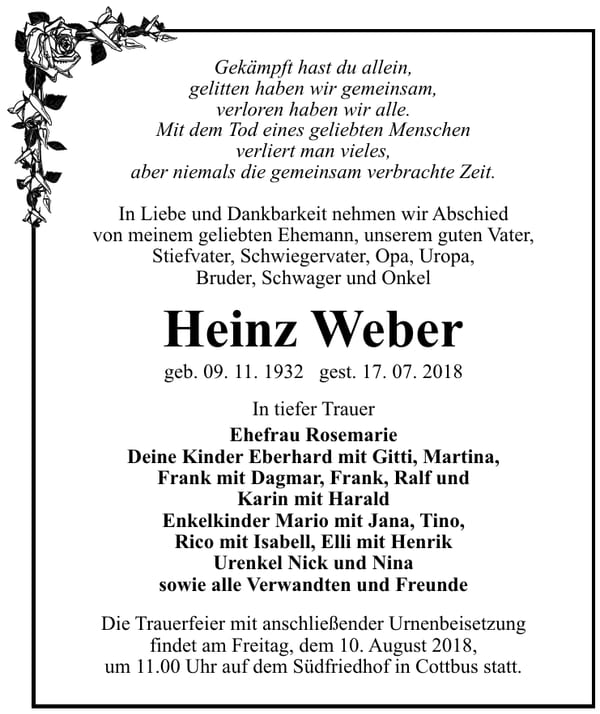 Traueranzeige Heinz Weber