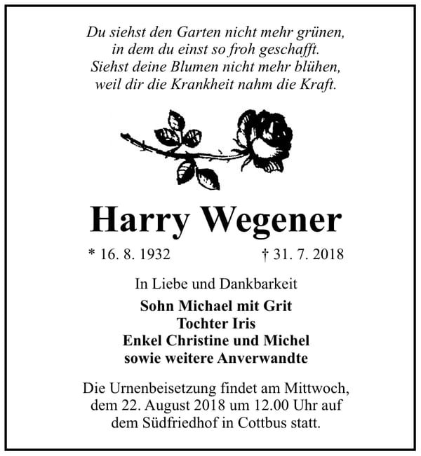 Traueranzeige Harry Wegener