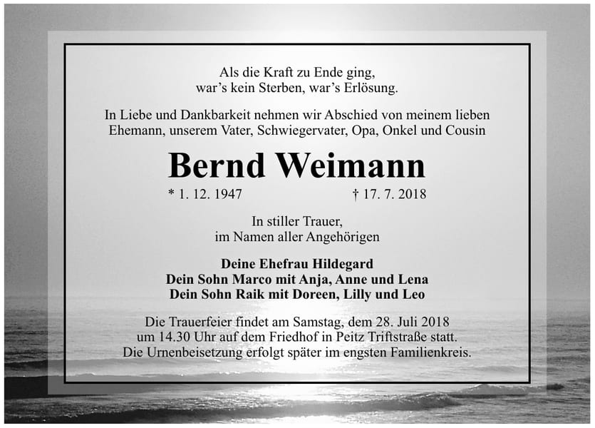 Traueranzeige Bernd Weimann