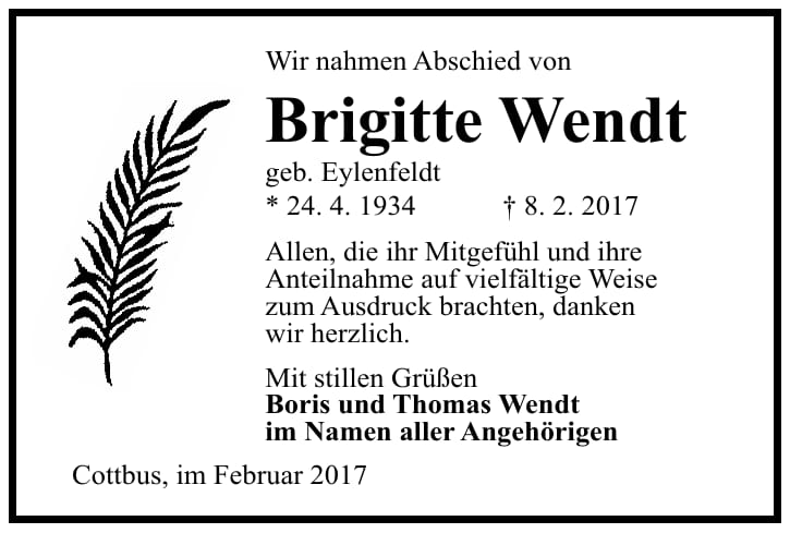 Danksagung Brigitte Wendt, geb. Eylenfeldt