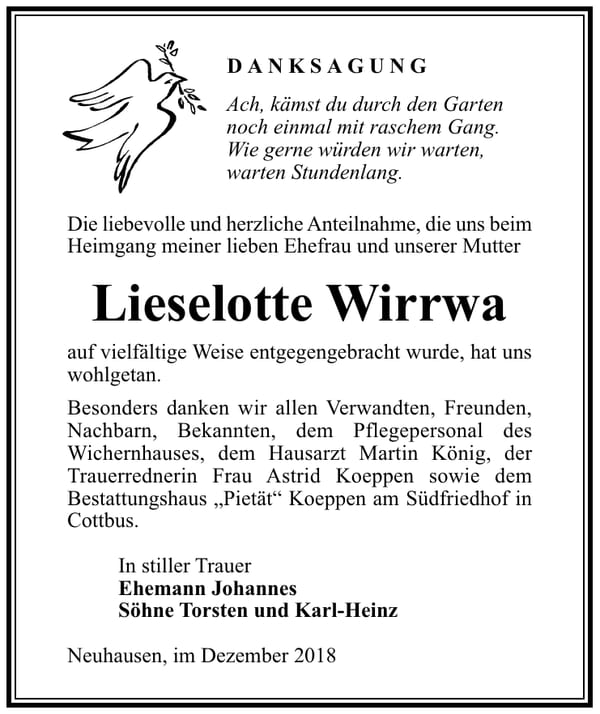 Danksagung Lieselotte Wirrwa