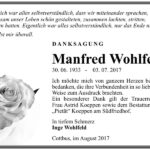 Danksagung Manfred Wohlfeld