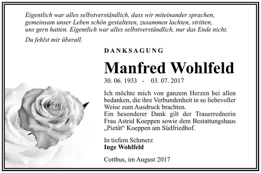 Danksagung Manfred Wohlfeld