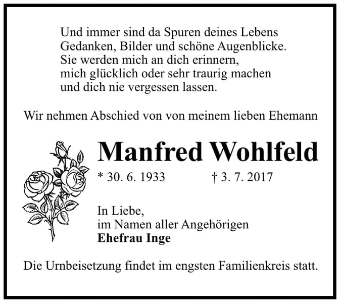 Traueranzeige Manfred Wohlfeld