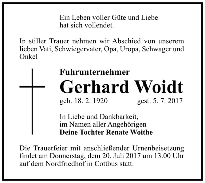 Traueranzeige Gerhard Woidt