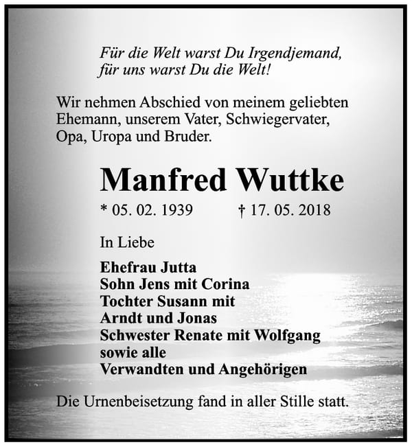 Traueranzeige Manfred Wuttke