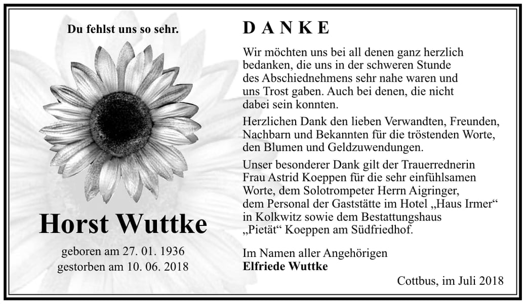 Danksagung Horst Wuttke