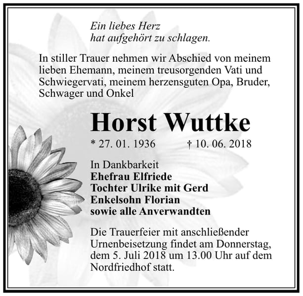 Traueranzeige Horst Wuttke
