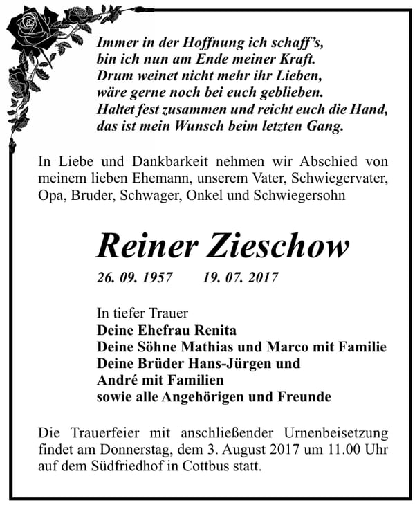 Traueranzeige Reiner Zieschow