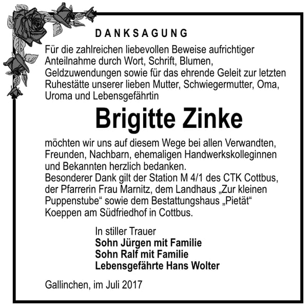Danksagung Brigitte Zinke