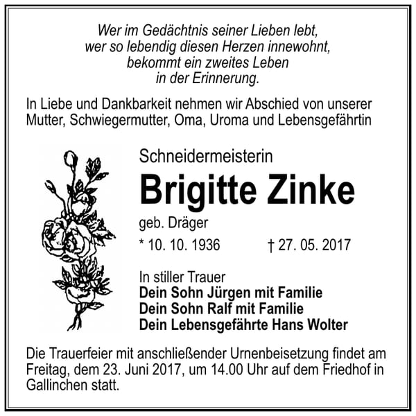 Traueranzeige Brigitte Zinke, geb. Dräger