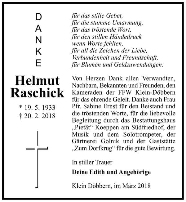 Danksagung Helmut Raschick