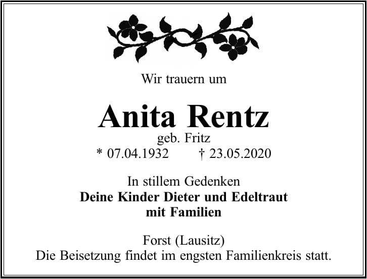 Traueranzeige Anita Rentz, geb. Fritz