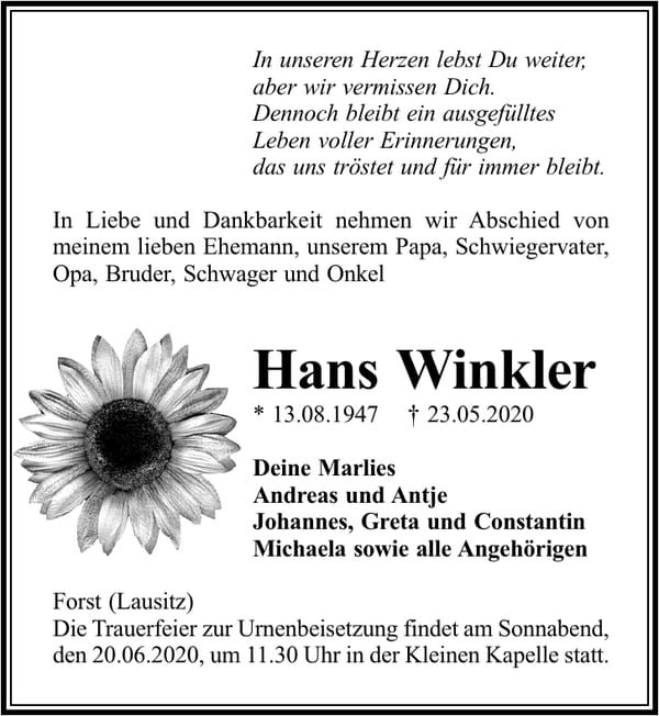 Traueranzeige Hans Winkler