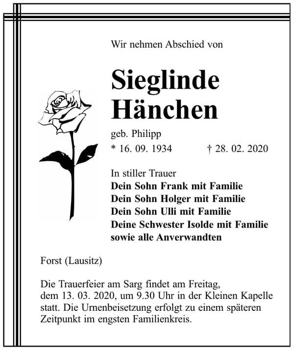 Traueranzeige Sieglinde Hänchen, geb. Philipp