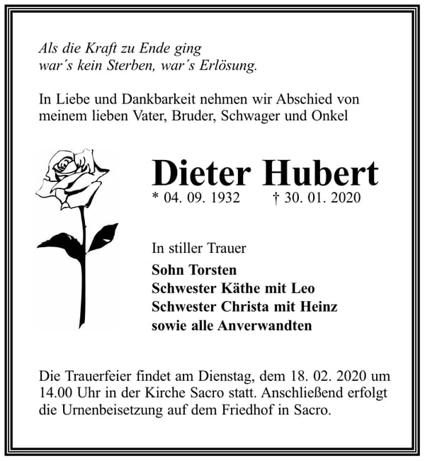 Traueranzeige Dieter Hubert