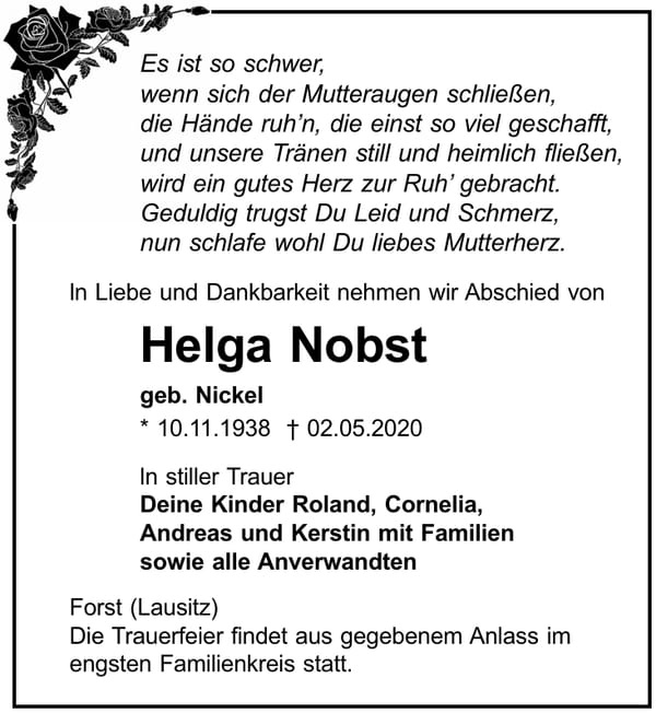 Traueranzeige Helga Nobst, geb. Nickel