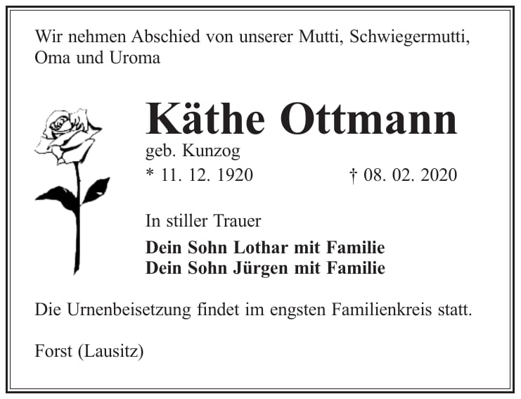 Traueranzeige Käthe Ottmann, geb. Kunzog