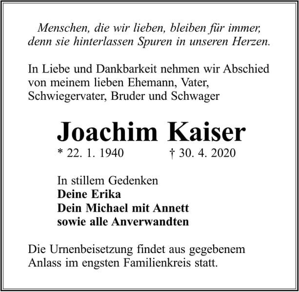Traueranzeige Joachim Kaiser
