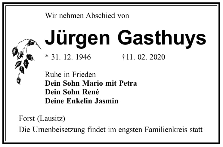 Traueranzeige Jürgen Gasthuys