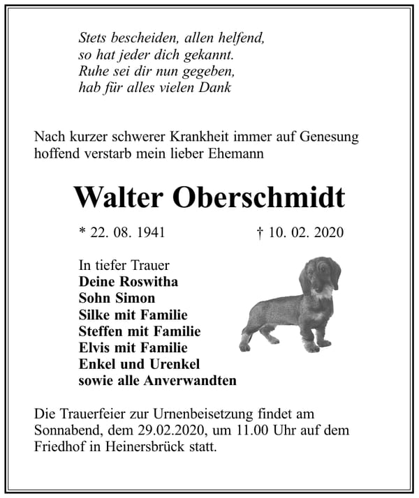 Traueranzeige Walter Oberschmidt