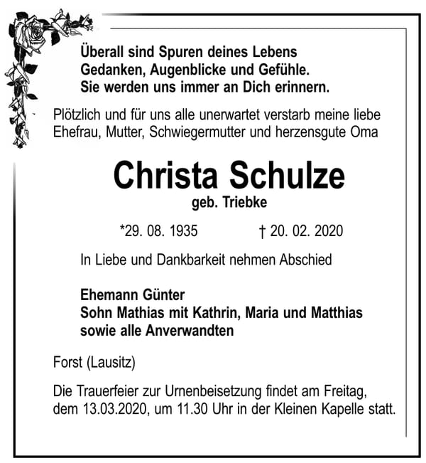 Traueranzeige Christa Schulze, geb. Triebke