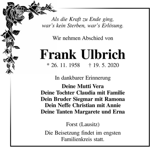 Traueranzeige Frank Ulbrich