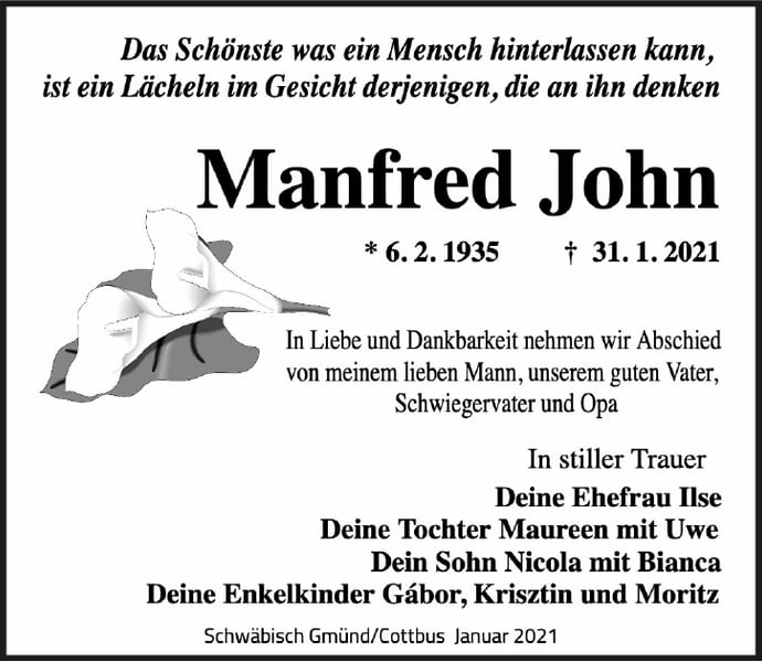 Traueranzeige Manfred John