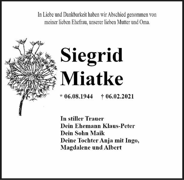 Traueranzeige Siegrid Miatke