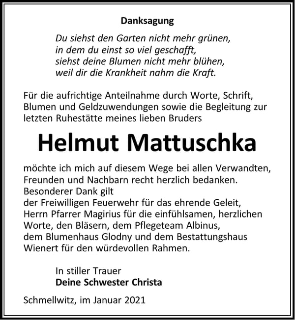 Danksagung Helmut Mattuschka