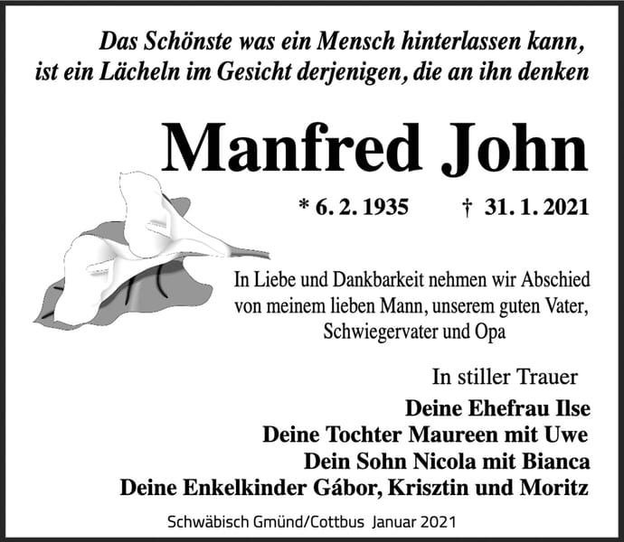 Traueranzeige Manfred John