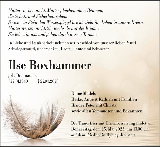 Traueranzeige Ilse Boxhammer, geb. Brannaschk