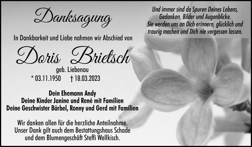 Danksagung Doris Brietsch, geb. Liebenau
