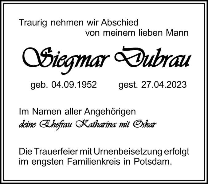 Traueranzeige Siegmar Dubrau