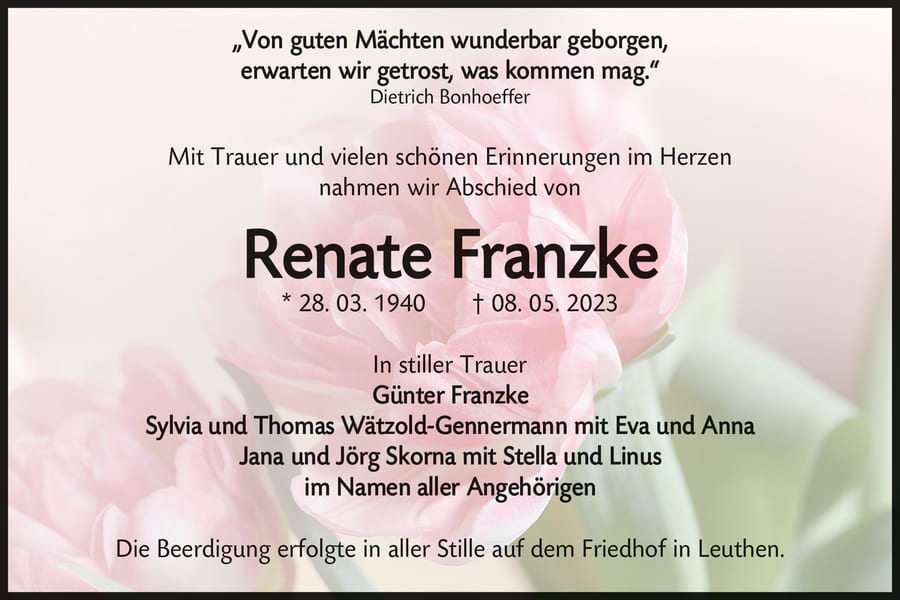 Traueranzeige Renate Franzke