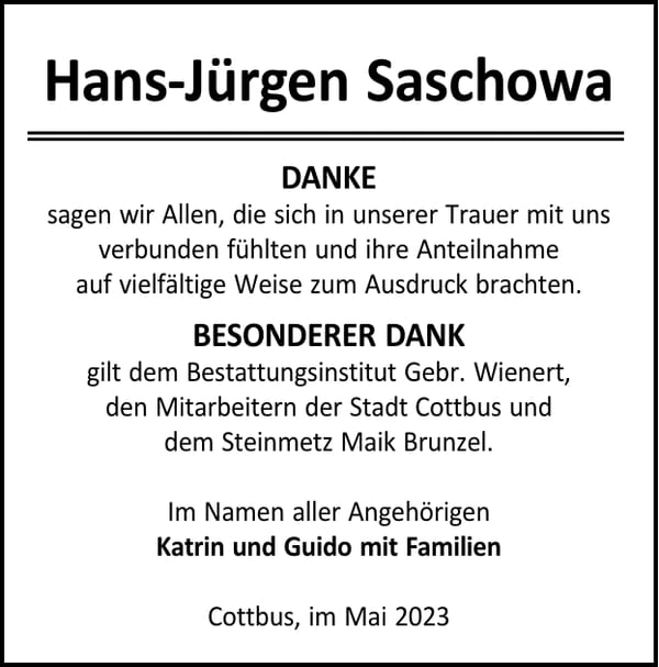 Danksagung Hans-Jürgen Saschowa